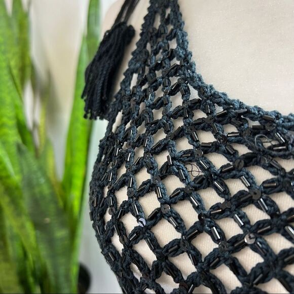 Anthropologie Cotton Bohemian Style LOVE SAM Black Dress Beaded Crochet on top - Picture 12 of 14